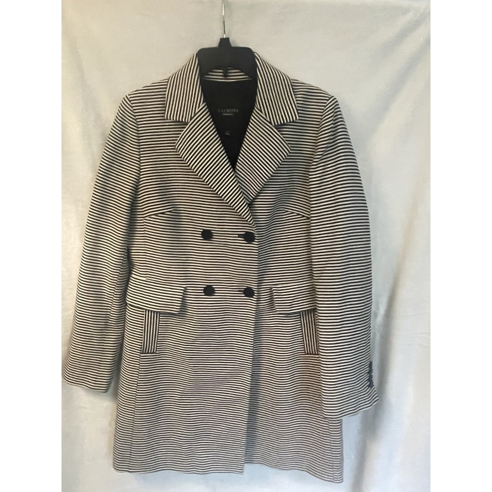 TALBOTS Womens Double Breasted Striped Dress Coat Size 14 Black White‎